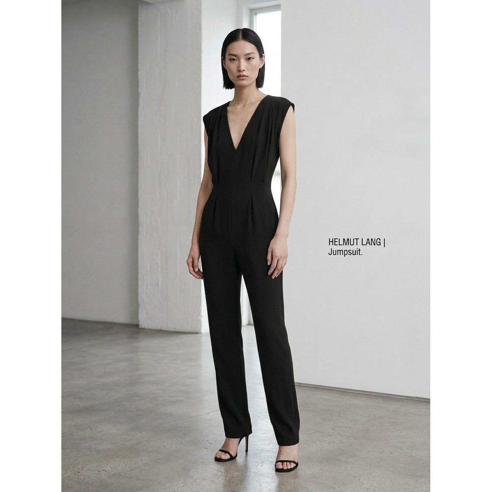 Helmut Lang Black V-Neck Pleated Sleeveless Jumpsuit Size 0 E04HC215